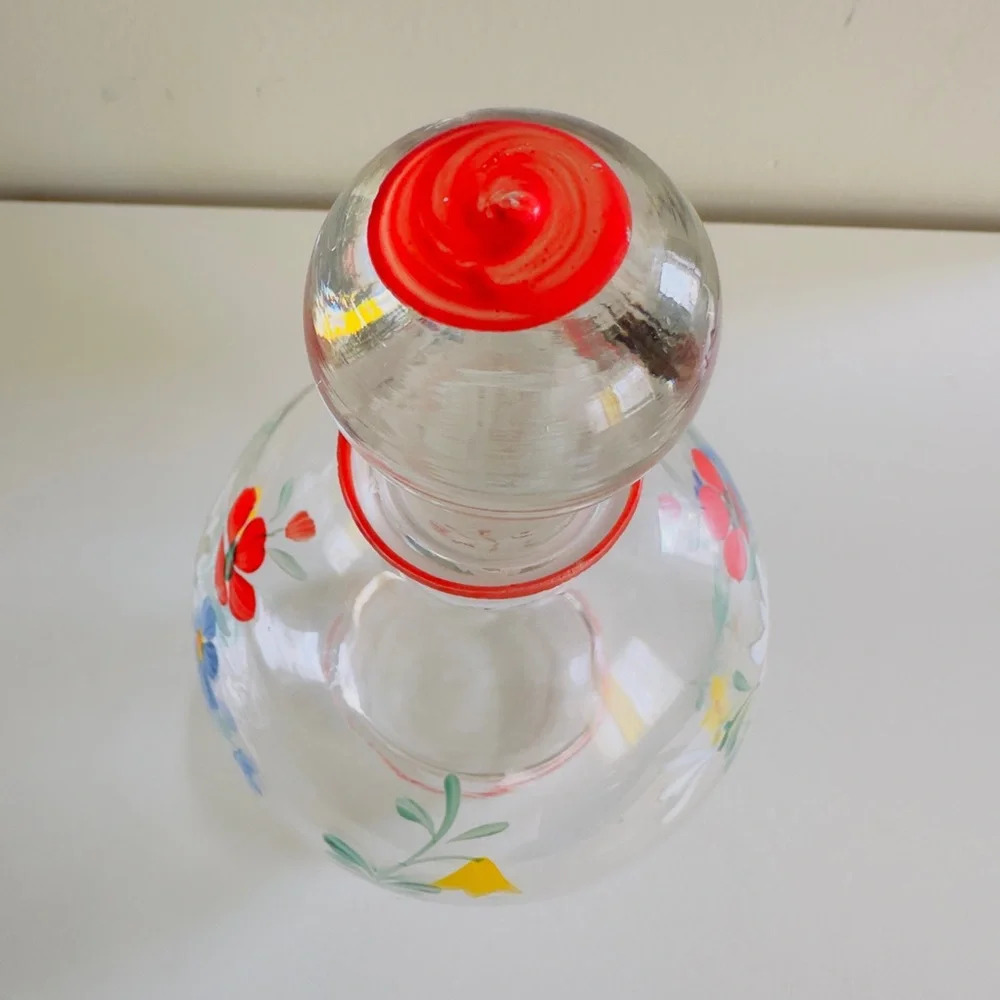 Vintage Hand Painted Floral Glass Decanter Ball Stopper